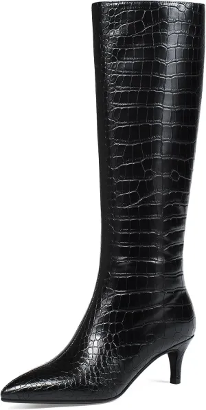 Knee High Boots Women Stiletto Heel Pointed Toe Tall Boot for Women Faux Crocodile Boots Side Zipper Fashion Long Boots