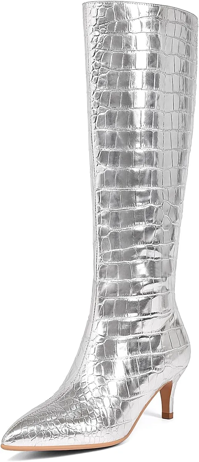 Knee High Boots Women Stiletto Heel Pointed Toe Tall Boot for Women Faux Crocodile Boots Side Zipper Fashion Long Boots