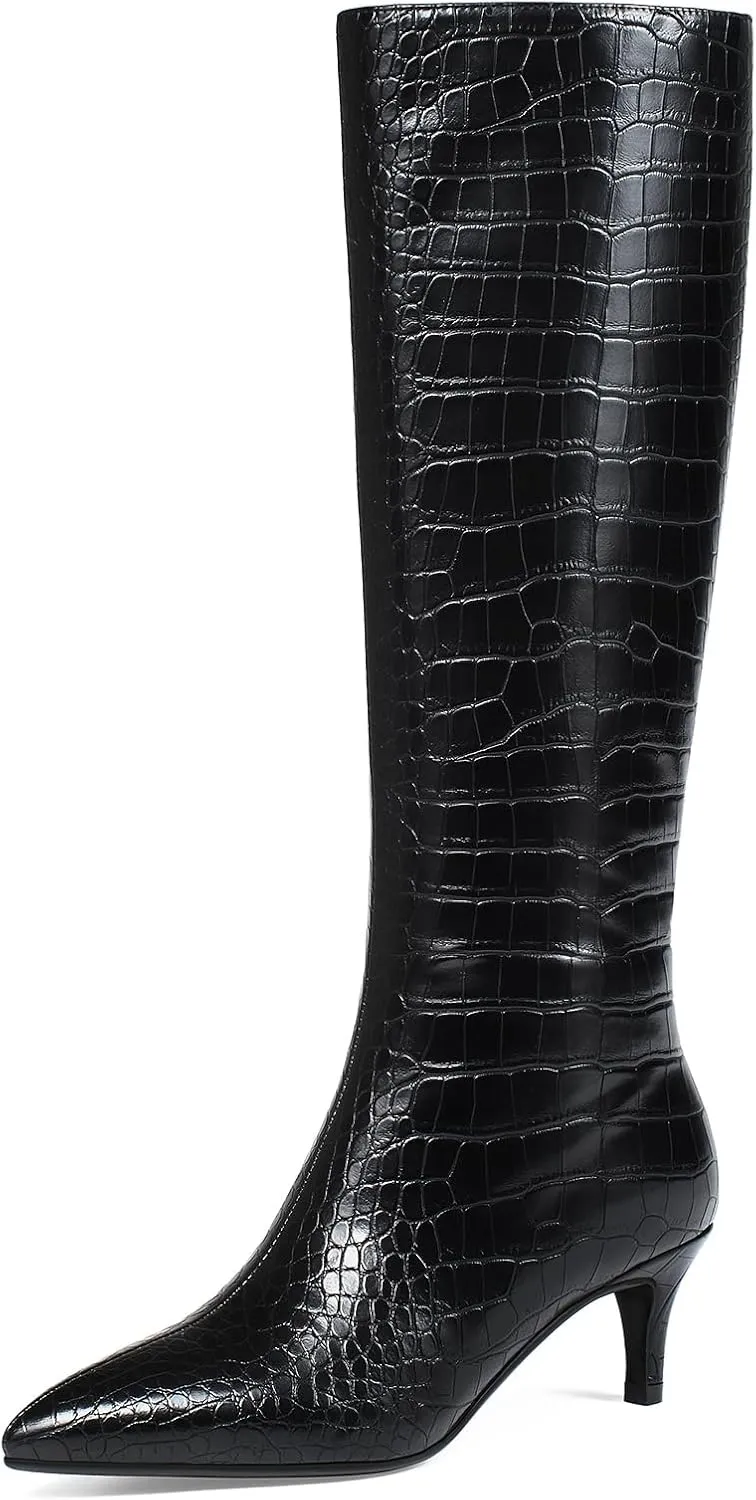 Knee High Boots Women Stiletto Heel Pointed Toe Tall Boot for Women Faux Crocodile Boots Side Zipper Fashion Long Boots