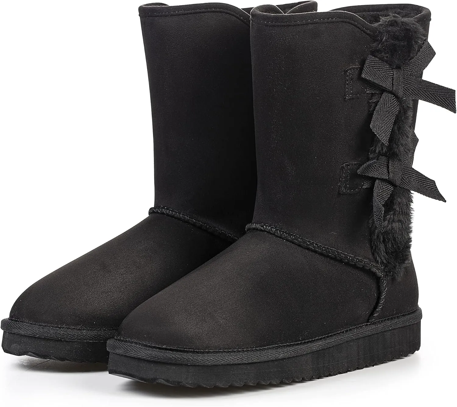 KRABOR Womens Suede Snow Boots Mid-Calf Winter Shoes with Side Bows