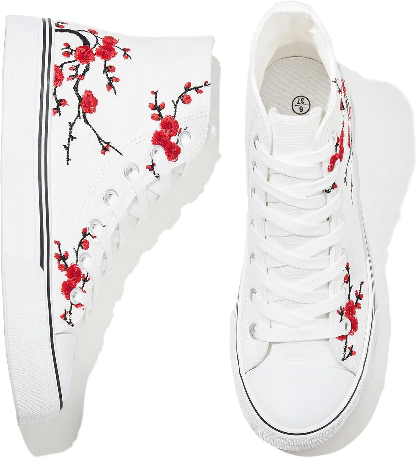 kufeiti Women's High Top Canvas Sneakers Canvas Shoes Lace up White Black Sneakers Casual Walking Shoes
