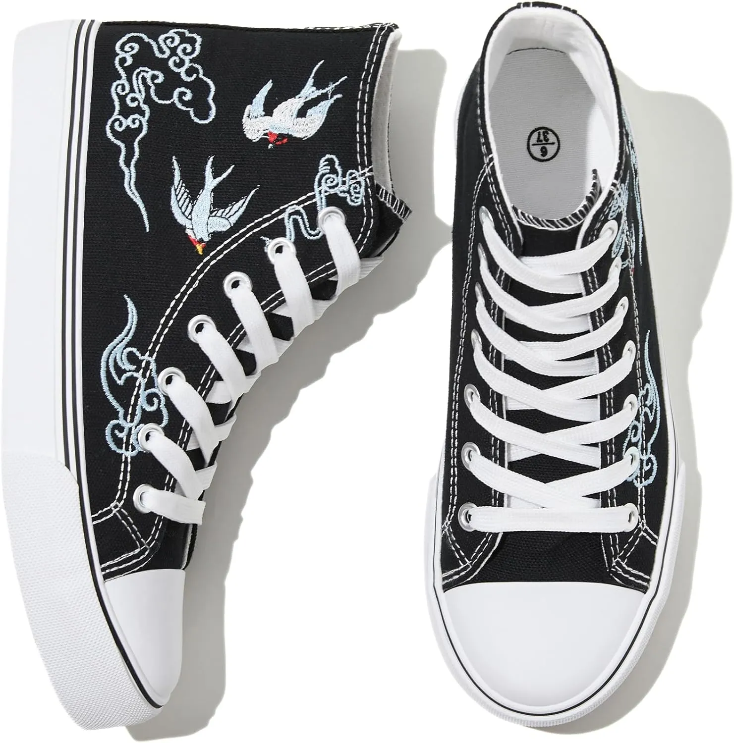 kufeiti Women's High Top Canvas Sneakers Canvas Shoes Lace up White Black Sneakers Casual Walking Shoes