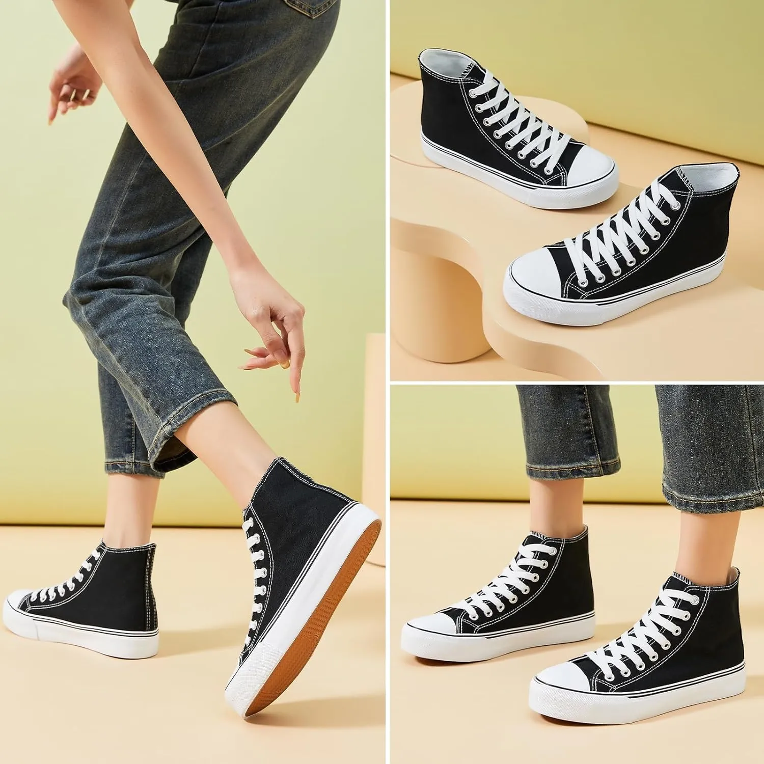 kufeiti Women's High Top Canvas Sneakers Canvas Shoes Lace up White Black Sneakers Casual Walking Shoes