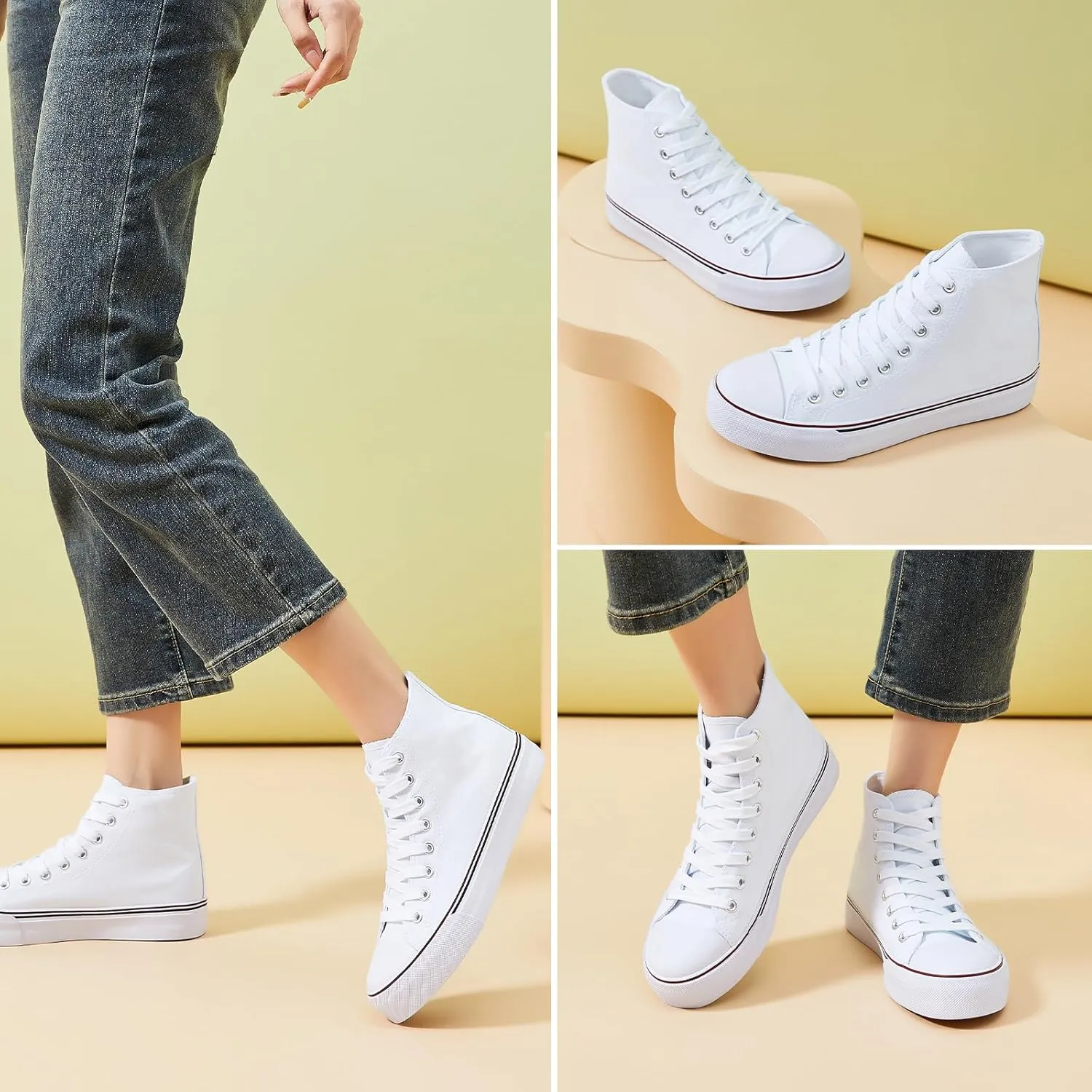 kufeiti Women's High Top Canvas Sneakers Canvas Shoes Lace up White Black Sneakers Casual Walking Shoes