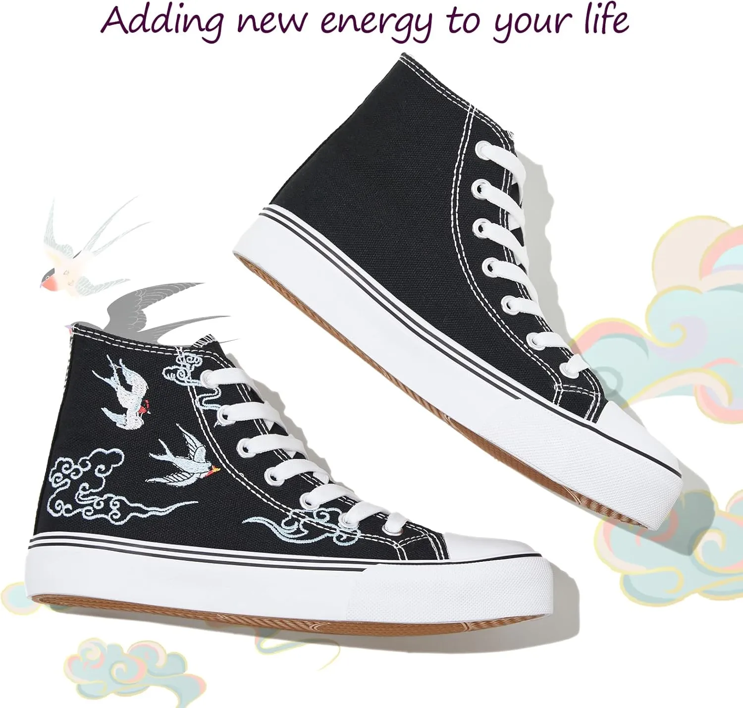 kufeiti Women's High Top Canvas Sneakers Canvas Shoes Lace up White Black Sneakers Casual Walking Shoes