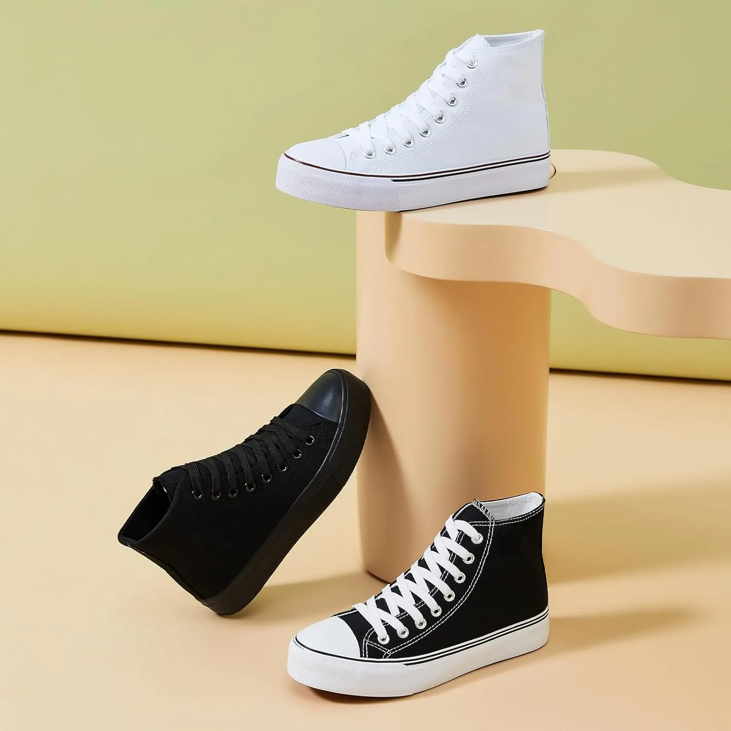 kufeiti Women's High Top Canvas Sneakers Canvas Shoes Lace up White Black Sneakers Casual Walking Shoes