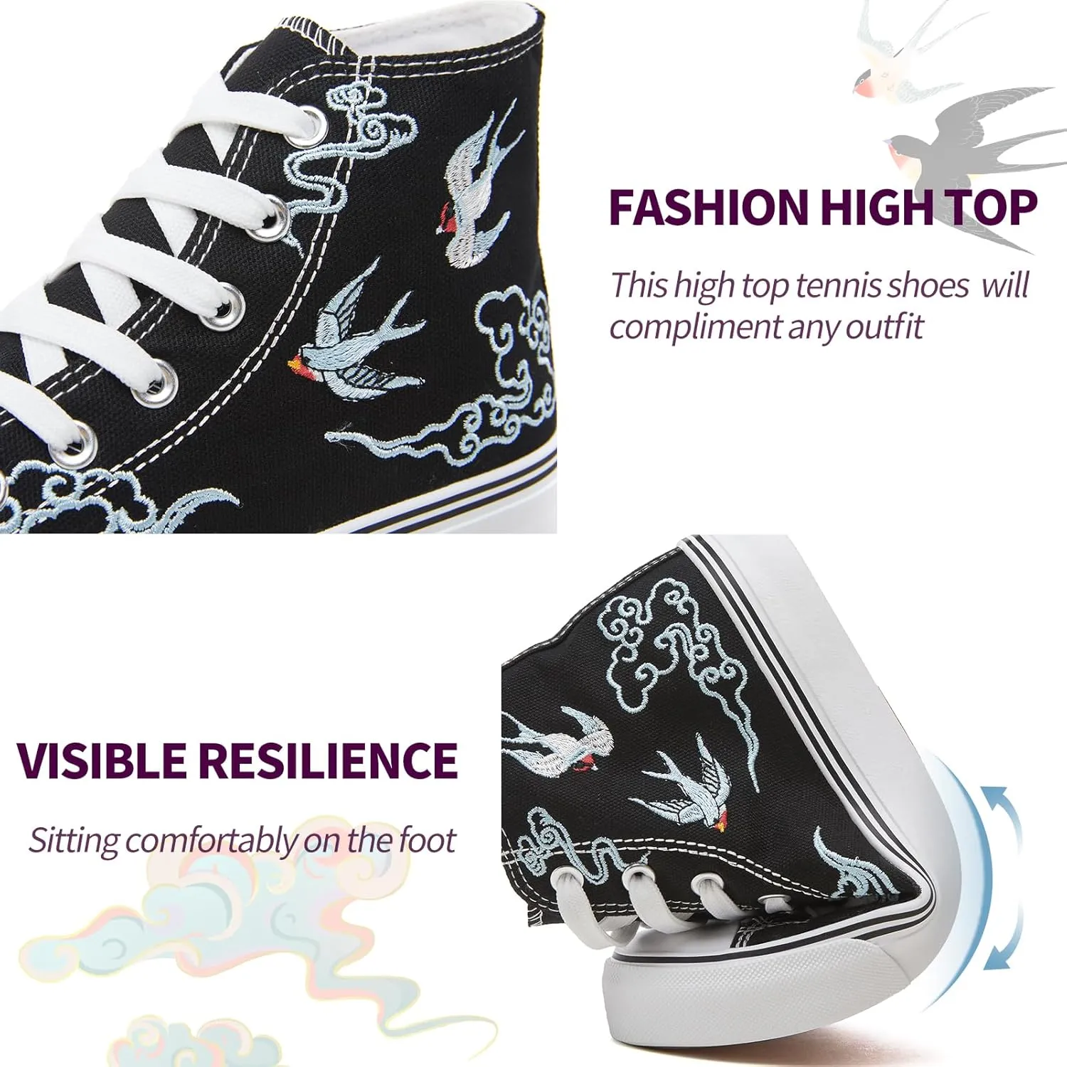 kufeiti Women's High Top Canvas Sneakers Canvas Shoes Lace up White Black Sneakers Casual Walking Shoes