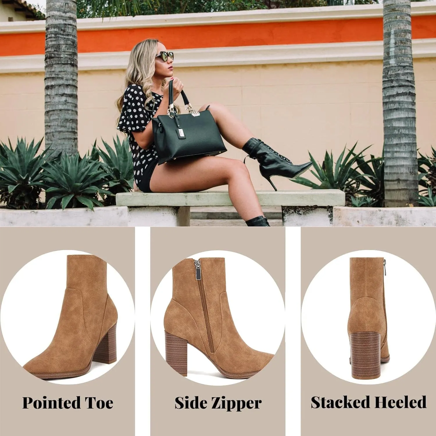 LAICIGO Women's Pointed Toe Ankle Boots Chunky Stacked Heel Side Zipper Faux Leather Ankle Booties