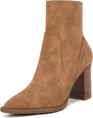 LAICIGO Women's Pointed Toe Ankle Boots Chunky Stacked Heel Side Zipper Faux Leather Ankle Booties