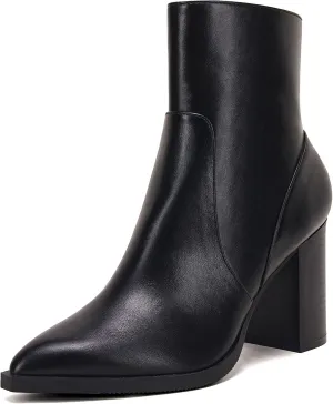 LAICIGO Women's Pointed Toe Ankle Boots Chunky Stacked Heel Side Zipper Faux Leather Ankle Booties