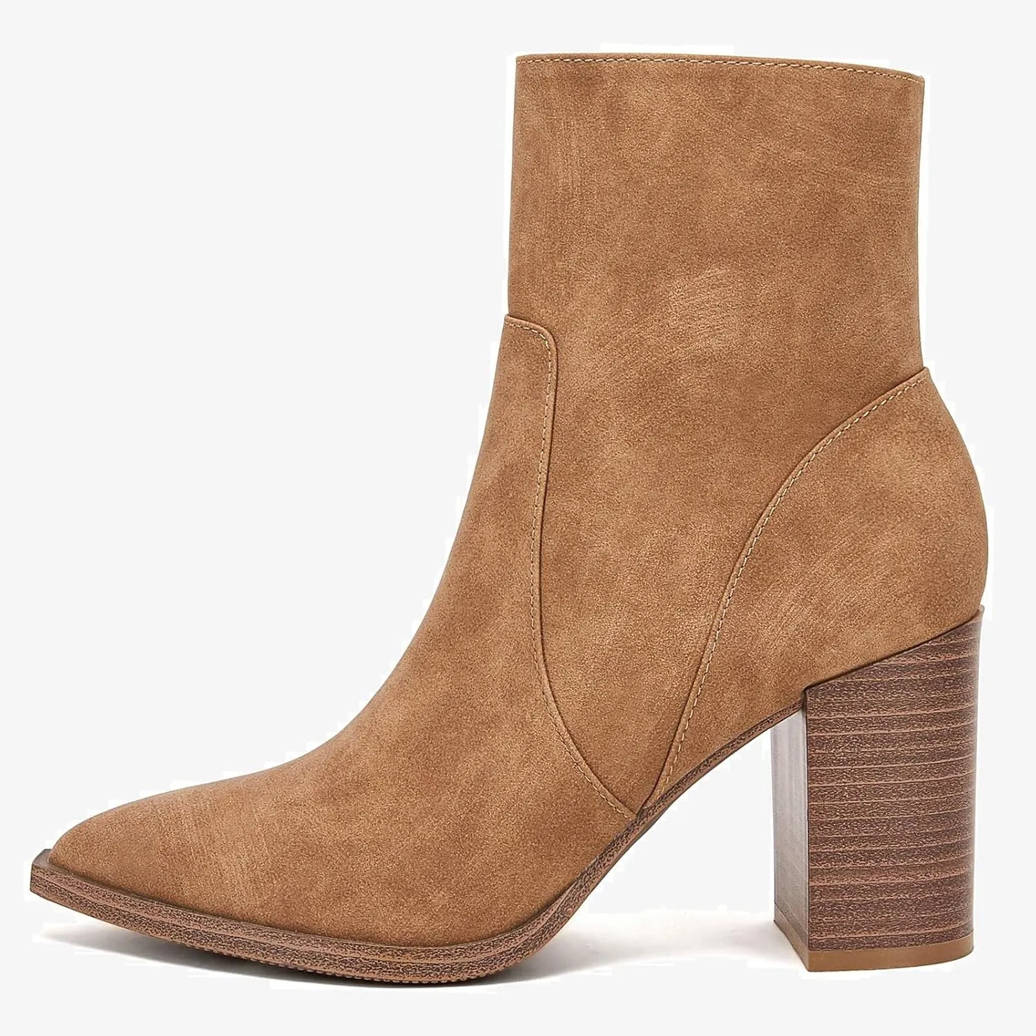 LAICIGO Women's Pointed Toe Ankle Boots Chunky Stacked Heel Side Zipper Faux Leather Ankle Booties