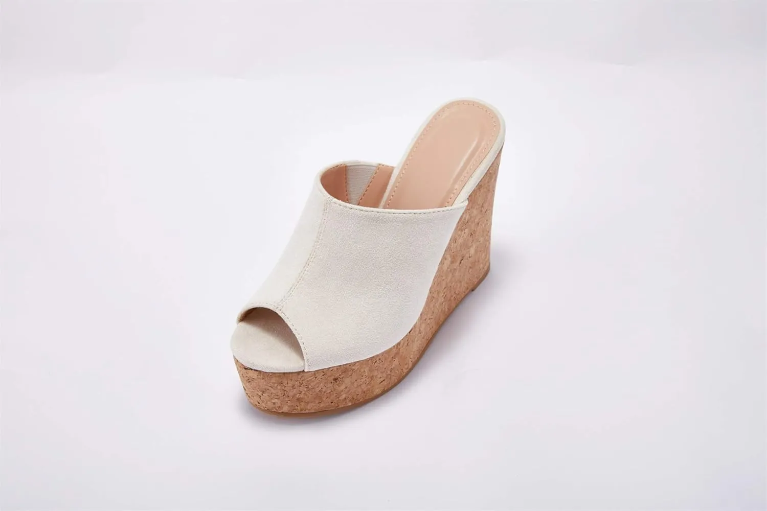 LAICIGO Womens Wedge Platform Slide on Sandals Open Toe Cork Faux Suede Dress Summer Slippers Shoes