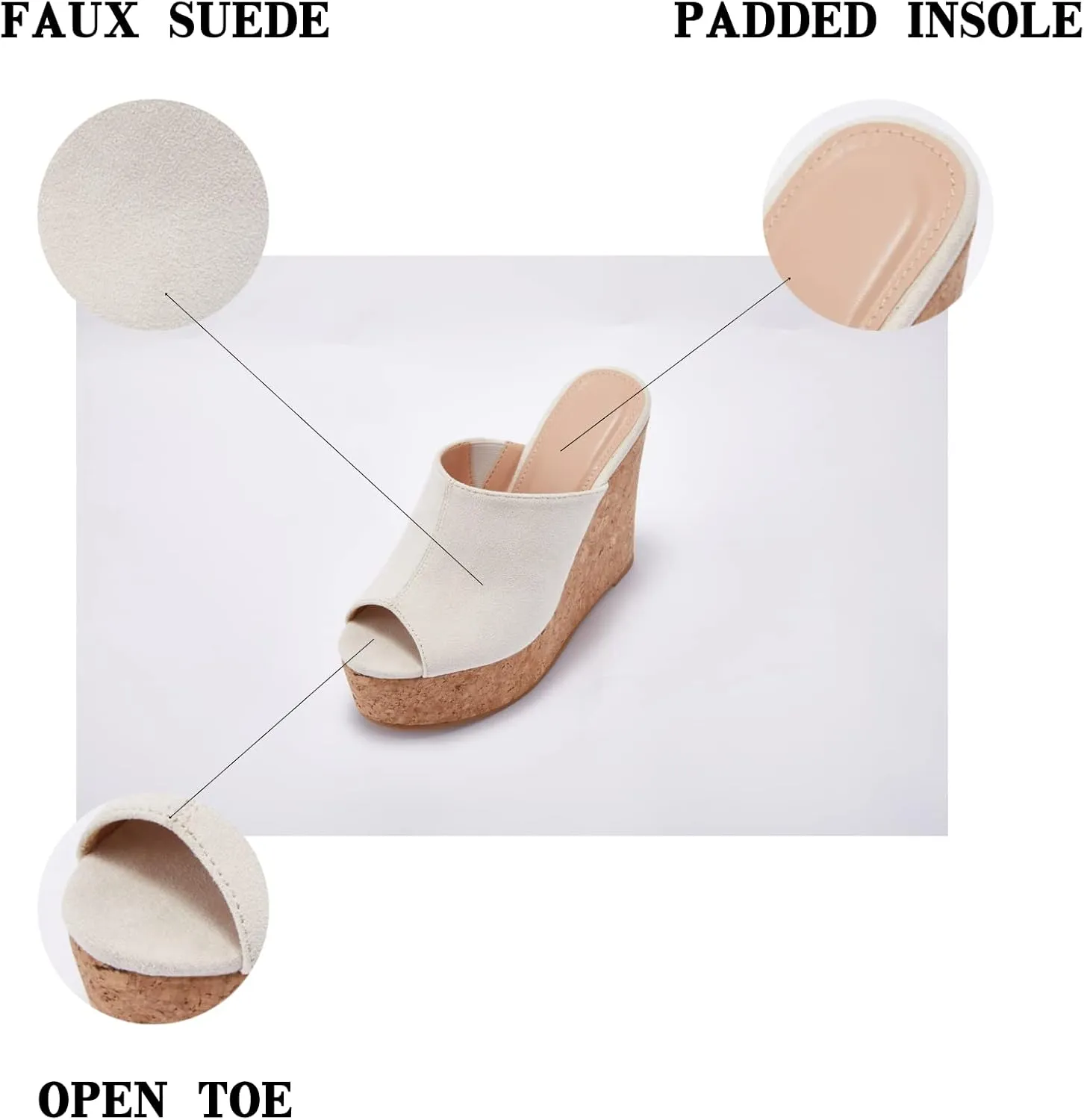 LAICIGO Womens Wedge Platform Slide on Sandals Open Toe Cork Faux Suede Dress Summer Slippers Shoes