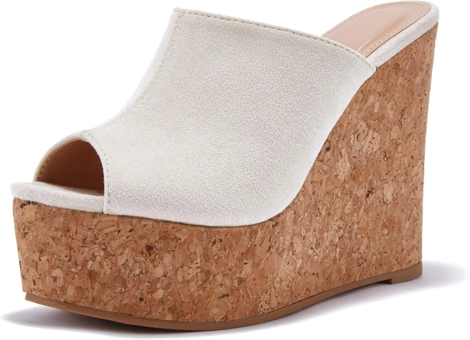 LAICIGO Womens Wedge Platform Slide on Sandals Open Toe Cork Faux Suede Dress Summer Slippers Shoes