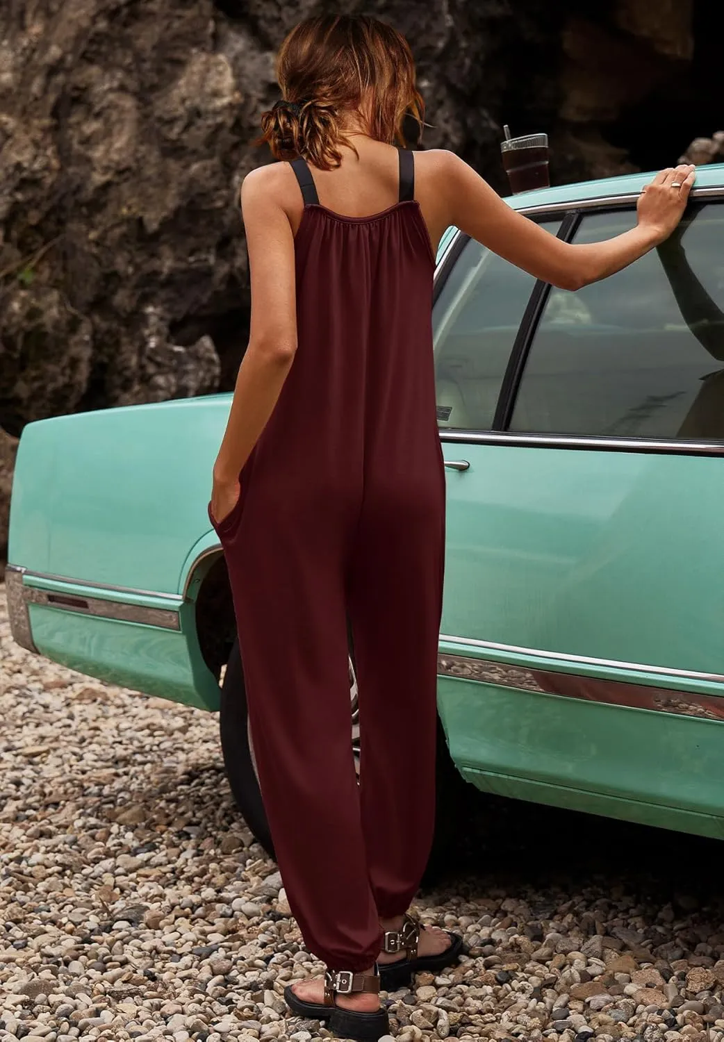 LAMISSCHE Wonens Plus Size Overalls Spaghetti Strap Baggy Romper Harem Wide Leg Jumpsuit With Pockets