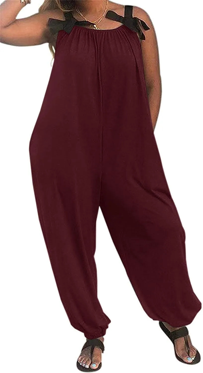 LAMISSCHE Wonens Plus Size Overalls Spaghetti Strap Baggy Romper Harem Wide Leg Jumpsuit With Pockets