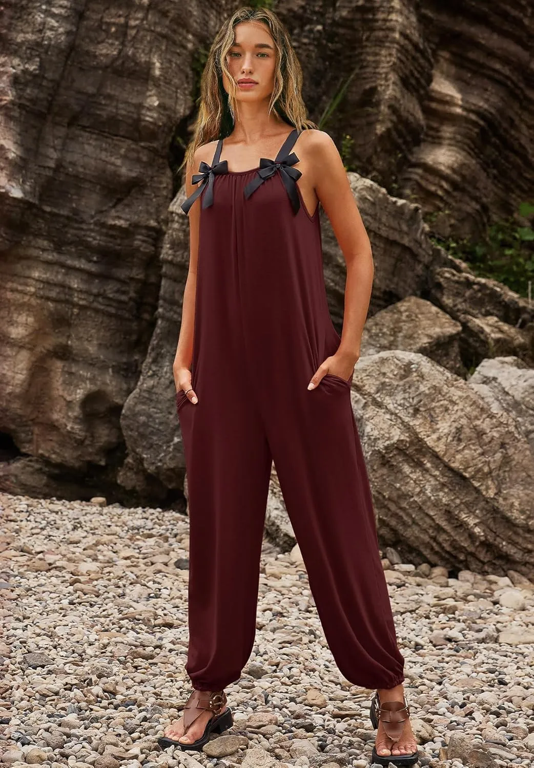 LAMISSCHE Wonens Plus Size Overalls Spaghetti Strap Baggy Romper Harem Wide Leg Jumpsuit With Pockets