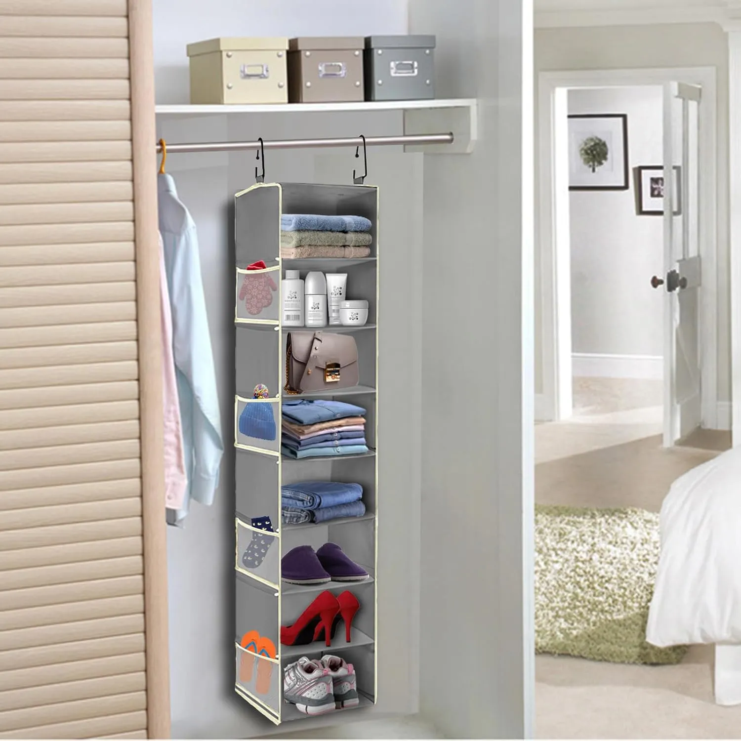 Large-Sized Hanging Shoe Organizer 8-Shelf, Hanging Closet Organizer with 8 Side Pockets, Wider Hanging Shelves for Storage Shoes Clothes 9" W × 11.8" D× 48" H, Grey
