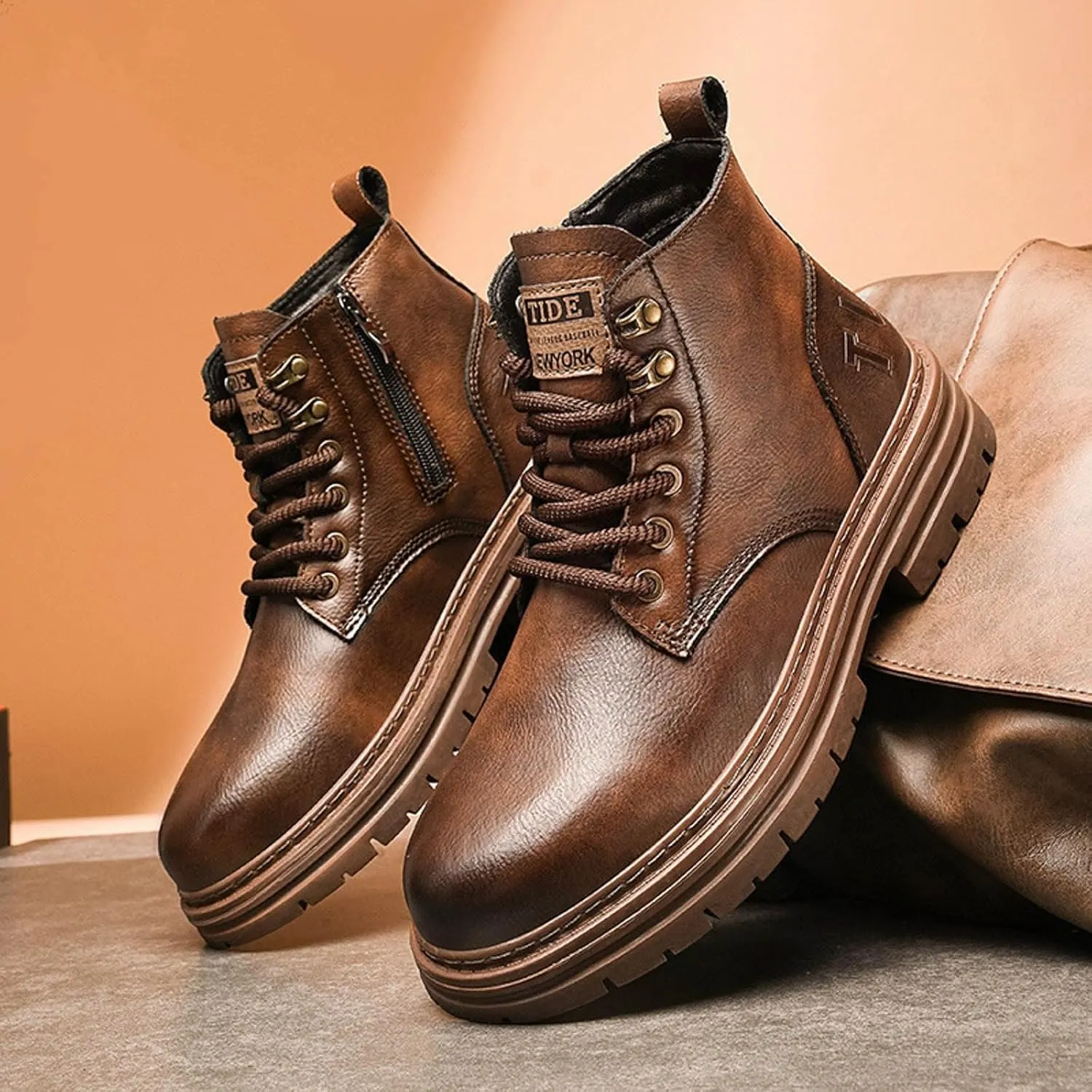 Leather Ankle Boots For Men Thick Sole Tall Fashion Wearable Lace Up Mens Classic Fashionable High Top Boots Stylish and Comfort For Cool Men