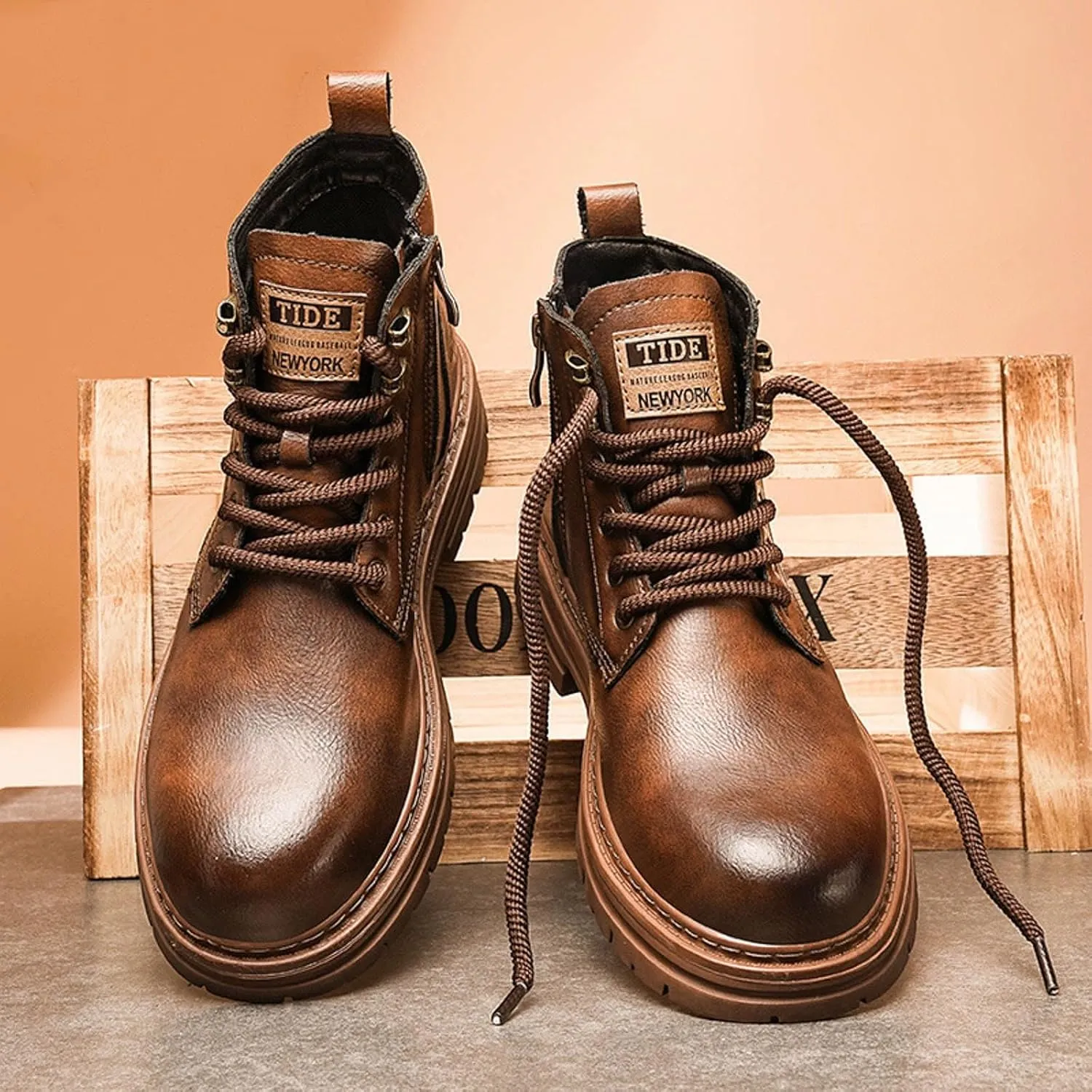 Leather Ankle Boots For Men Thick Sole Tall Fashion Wearable Lace Up Mens Classic Fashionable High Top Boots Stylish and Comfort For Cool Men