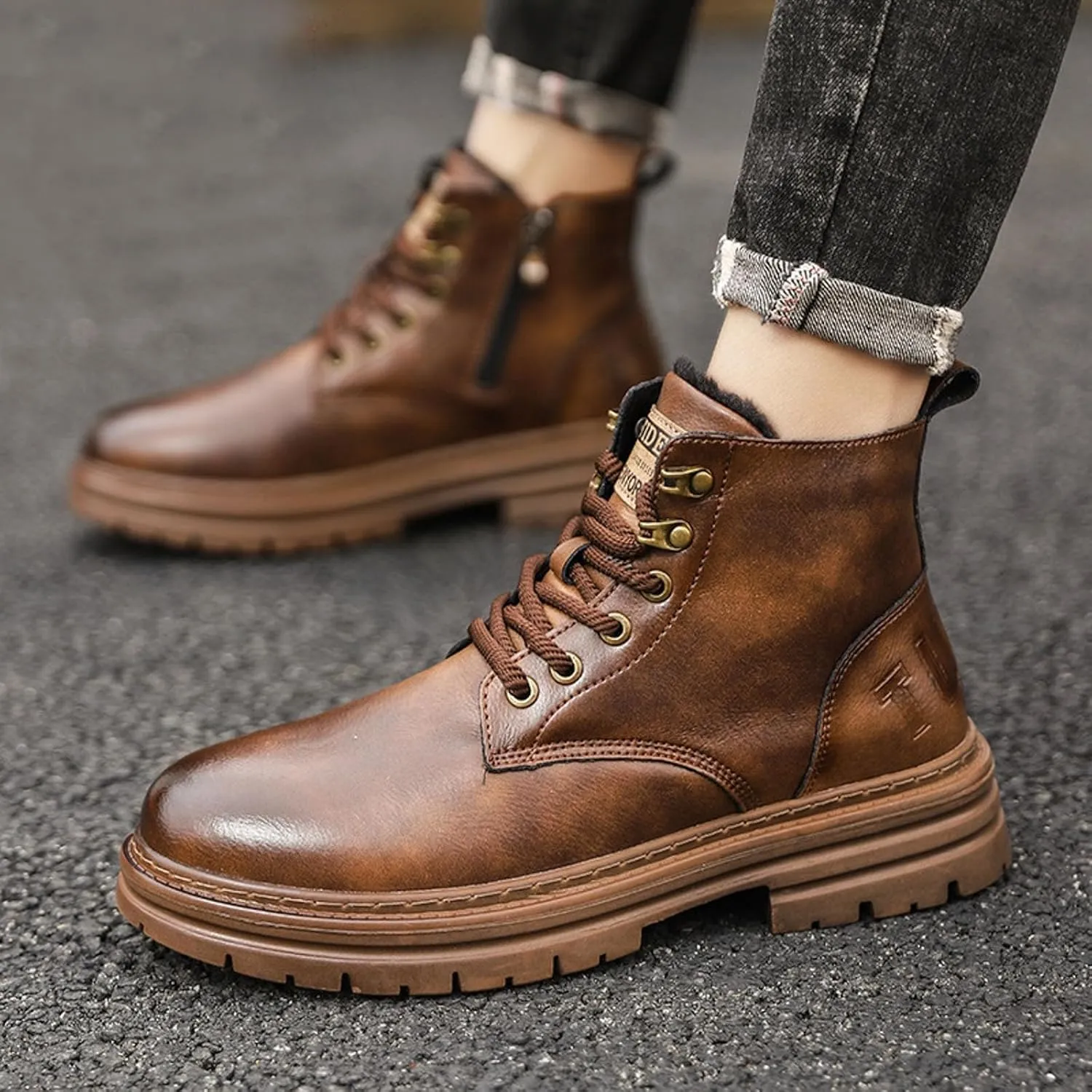 Leather Ankle Boots For Men Thick Sole Tall Fashion Wearable Lace Up Mens Classic Fashionable High Top Boots Stylish and Comfort For Cool Men