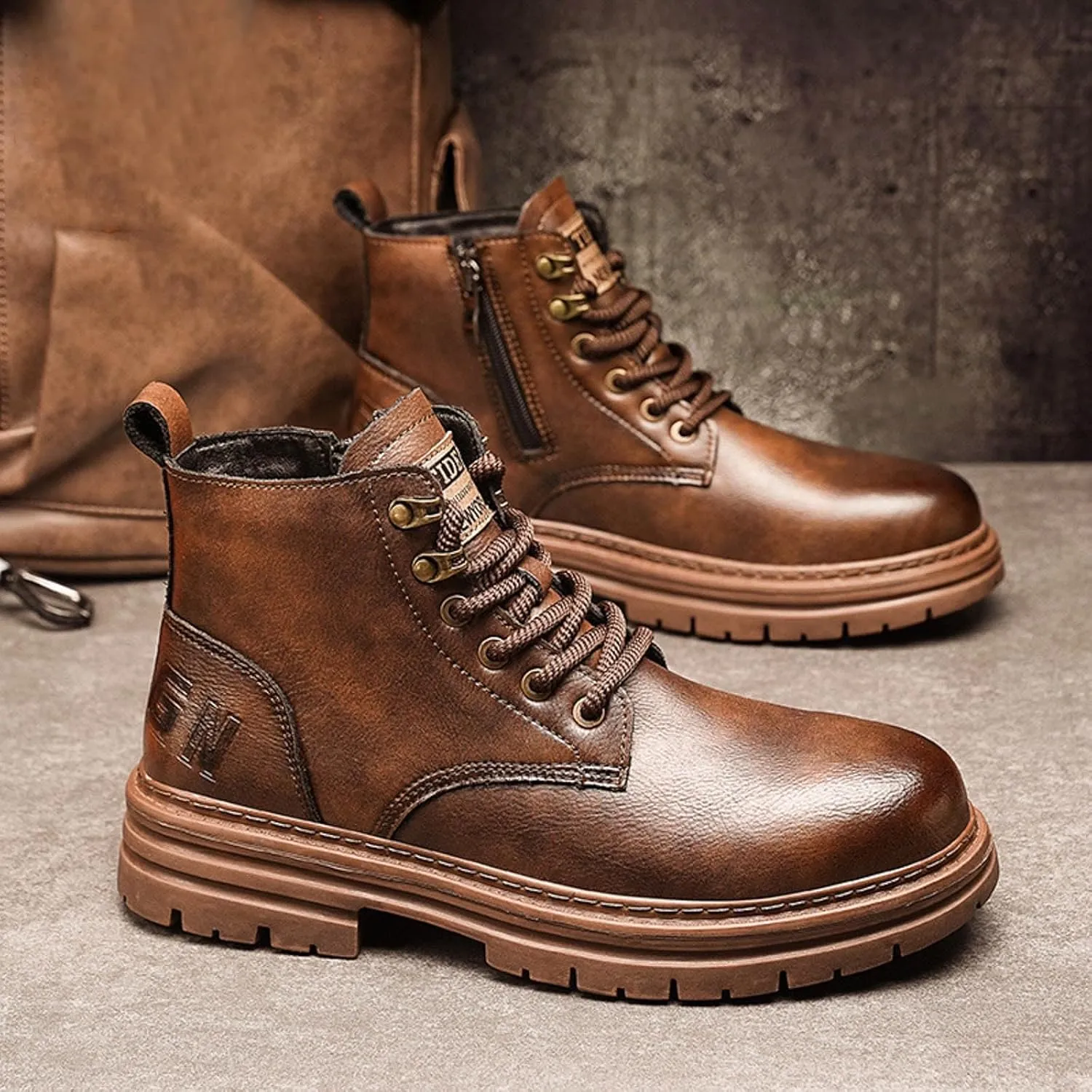 Leather Ankle Boots For Men Thick Sole Tall Fashion Wearable Lace Up Mens Classic Fashionable High Top Boots Stylish and Comfort For Cool Men