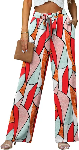 Lepunuo Women's High Waisted Wide Leg Flowy Pants Casual Palazzo Pants Work Adjustable Tie Knot Pants with Pockets
