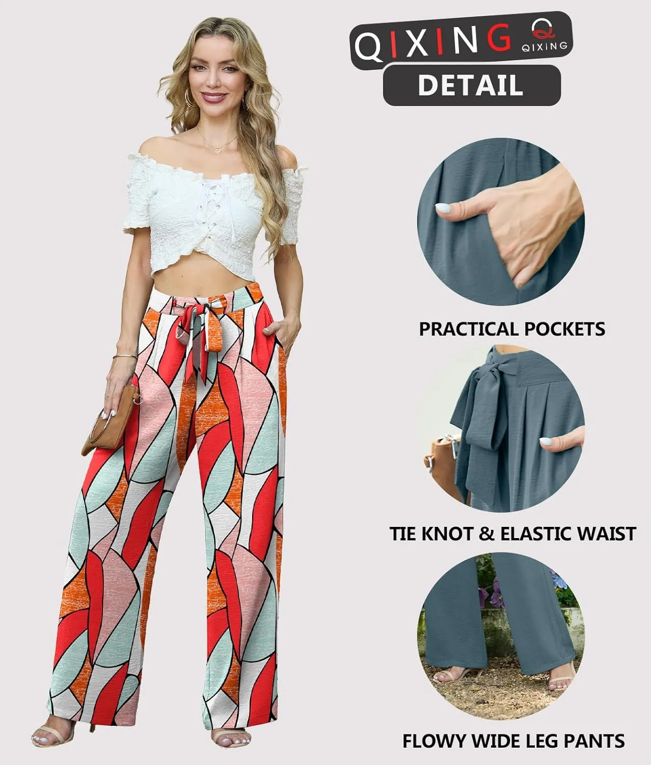 Lepunuo Women's High Waisted Wide Leg Flowy Pants Casual Palazzo Pants Work Adjustable Tie Knot Pants with Pockets