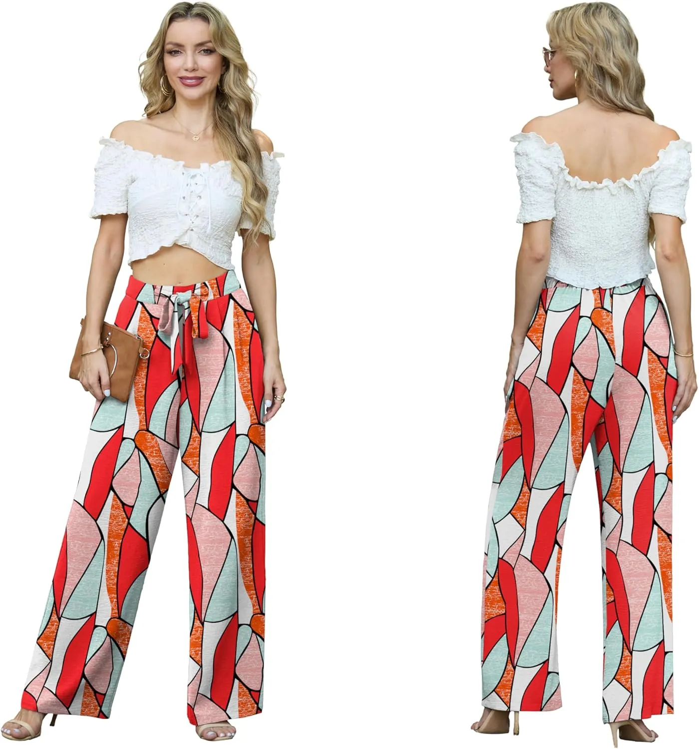 Lepunuo Women's High Waisted Wide Leg Flowy Pants Casual Palazzo Pants Work Adjustable Tie Knot Pants with Pockets
