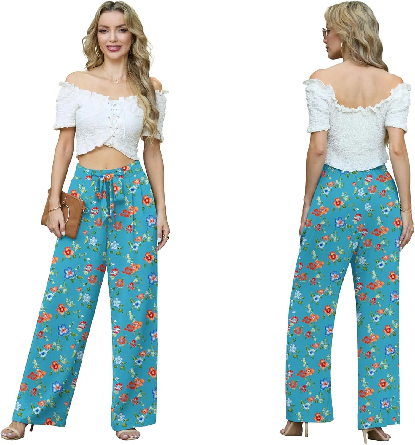 Lepunuo Women's High Waisted Wide Leg Flowy Pants Casual Palazzo Pants Work Adjustable Tie Knot Pants with Pockets