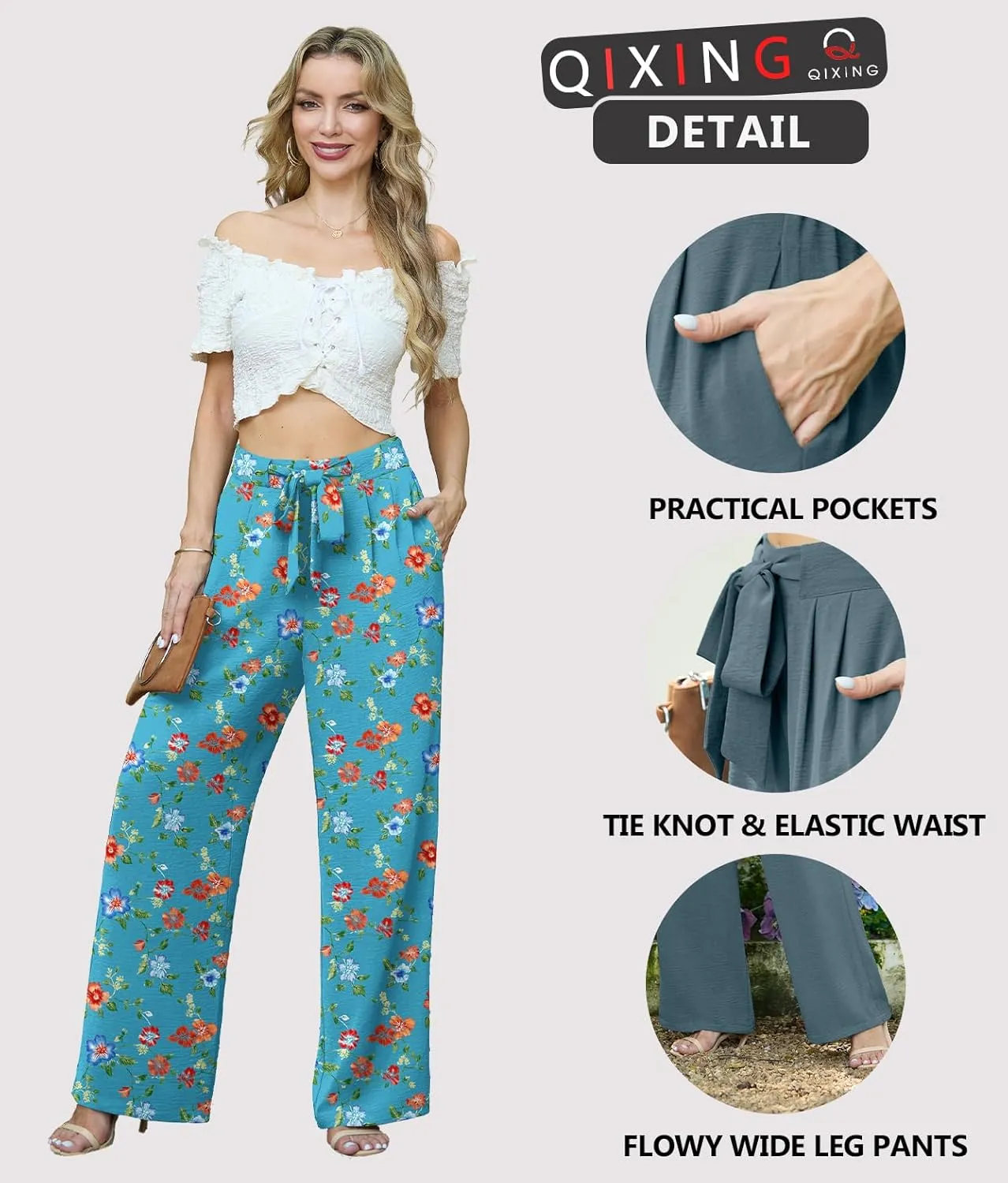Lepunuo Women's High Waisted Wide Leg Flowy Pants Casual Palazzo Pants Work Adjustable Tie Knot Pants with Pockets