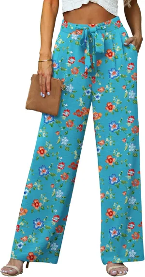 Lepunuo Women's High Waisted Wide Leg Flowy Pants Casual Palazzo Pants Work Adjustable Tie Knot Pants with Pockets