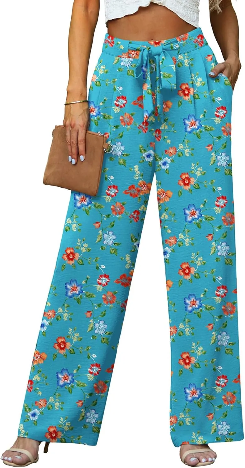 Lepunuo Women's High Waisted Wide Leg Flowy Pants Casual Palazzo Pants Work Adjustable Tie Knot Pants with Pockets