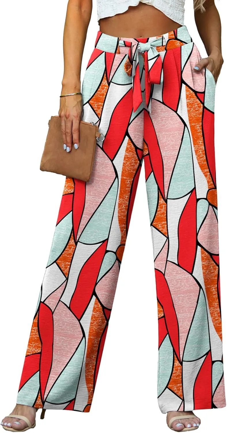 Lepunuo Women's High Waisted Wide Leg Flowy Pants Casual Palazzo Pants Work Adjustable Tie Knot Pants with Pockets