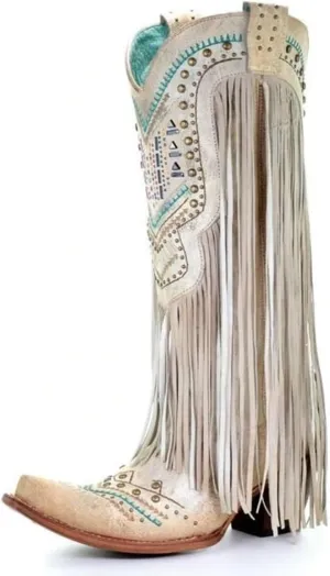 LISHAN Women's Western Cowboy Cowgirl Boots Fringed Tassel Block Heels Embroidered Calf High Boots