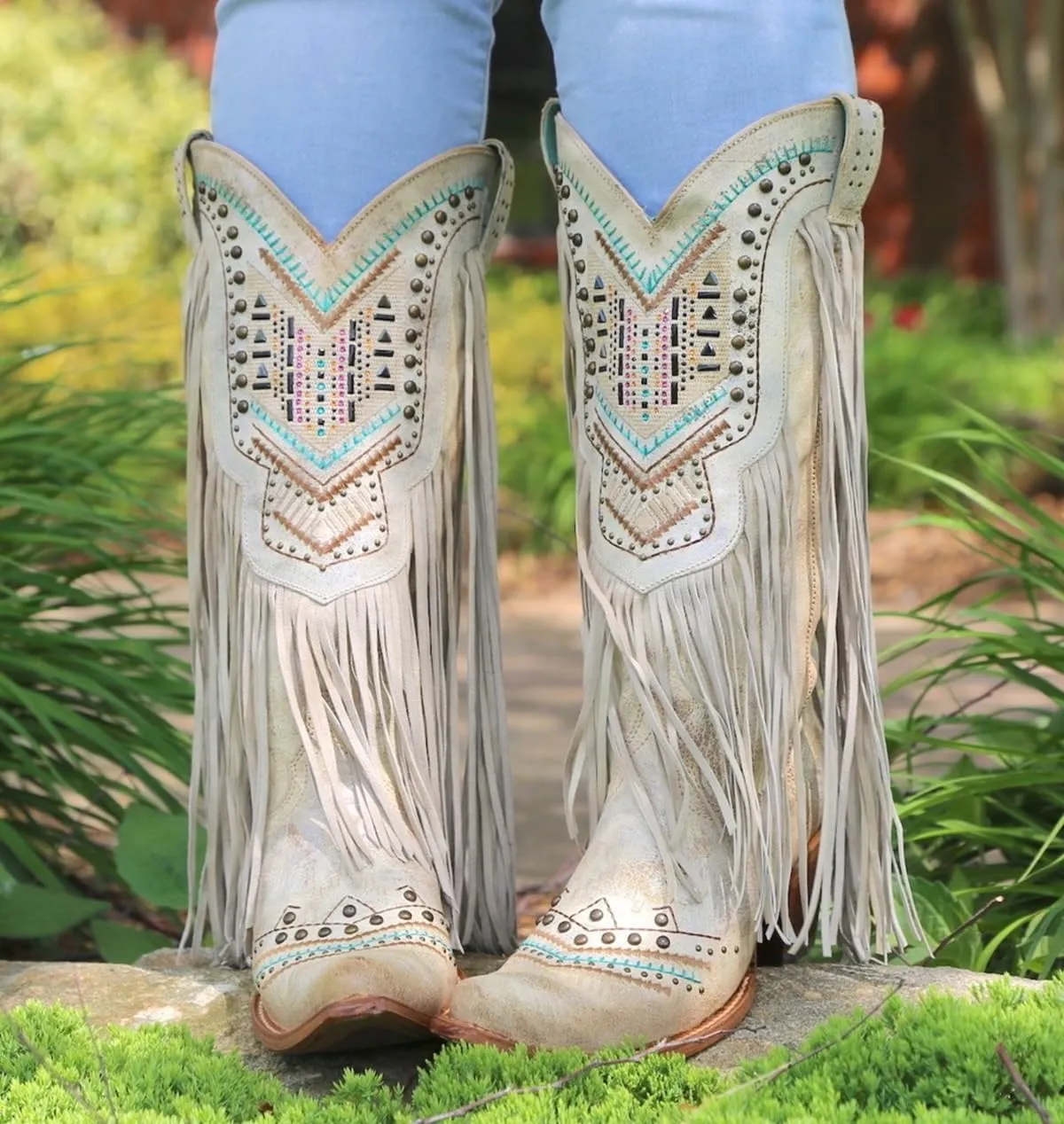 LISHAN Women's Western Cowboy Cowgirl Boots Fringed Tassel Block Heels Embroidered Calf High Boots