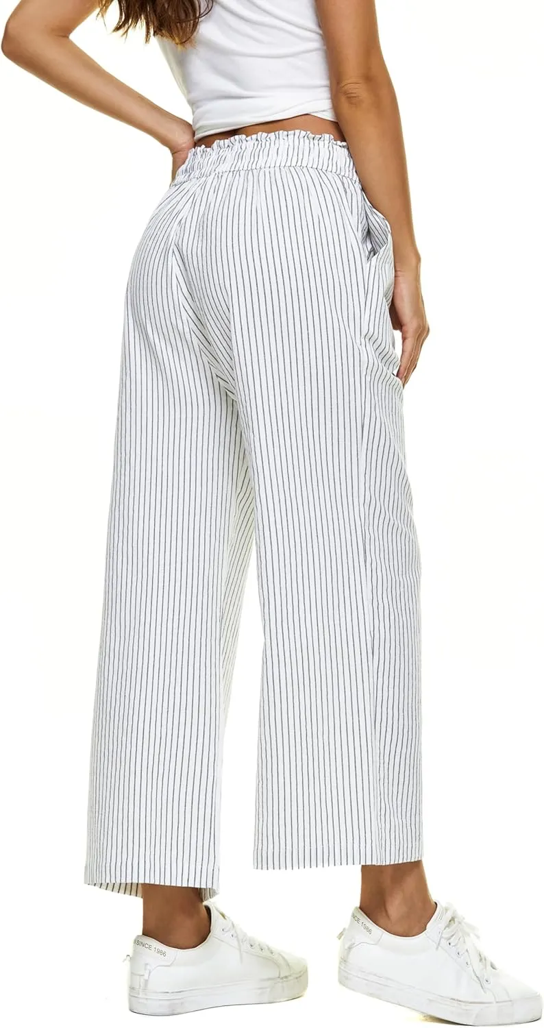 LNX Womens Linen Pants High Waisted Wide Leg Drawstring Casual Loose Trousers with Pockets