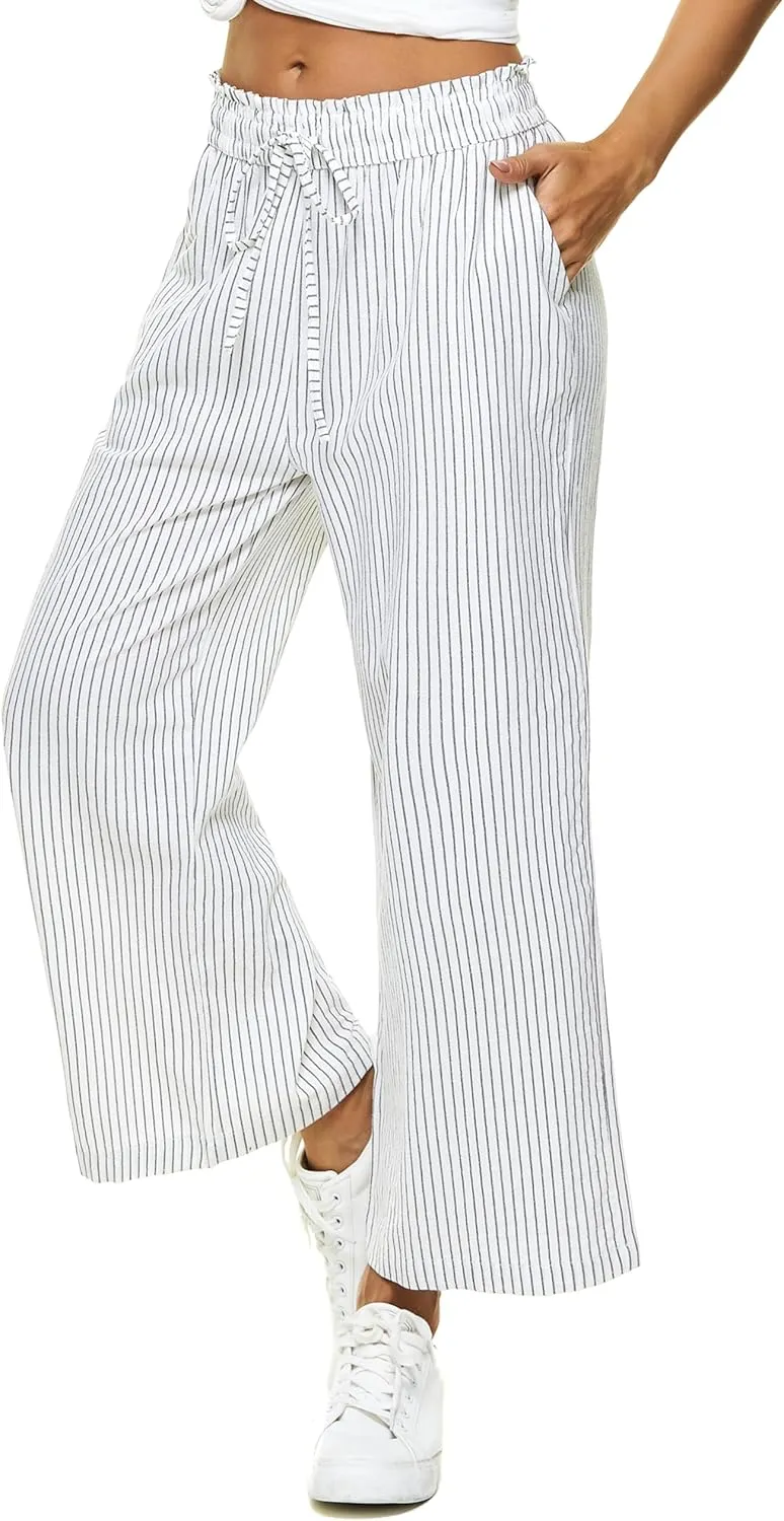 LNX Womens Linen Pants High Waisted Wide Leg Drawstring Casual Loose Trousers with Pockets