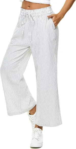 LNX Womens Linen Pants High Waisted Wide Leg Drawstring Casual Loose Trousers with Pockets