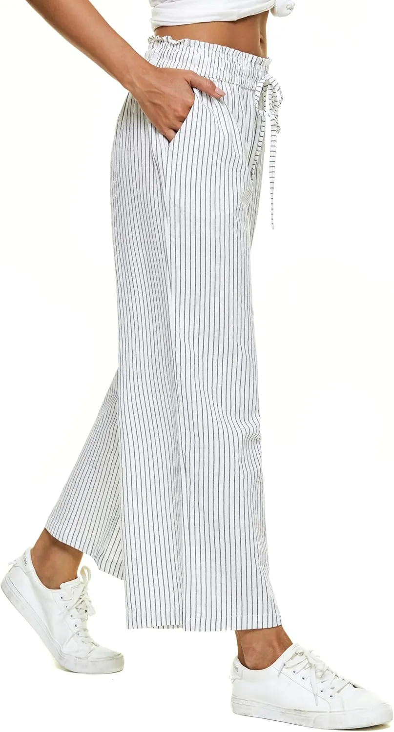 LNX Womens Linen Pants High Waisted Wide Leg Drawstring Casual Loose Trousers with Pockets