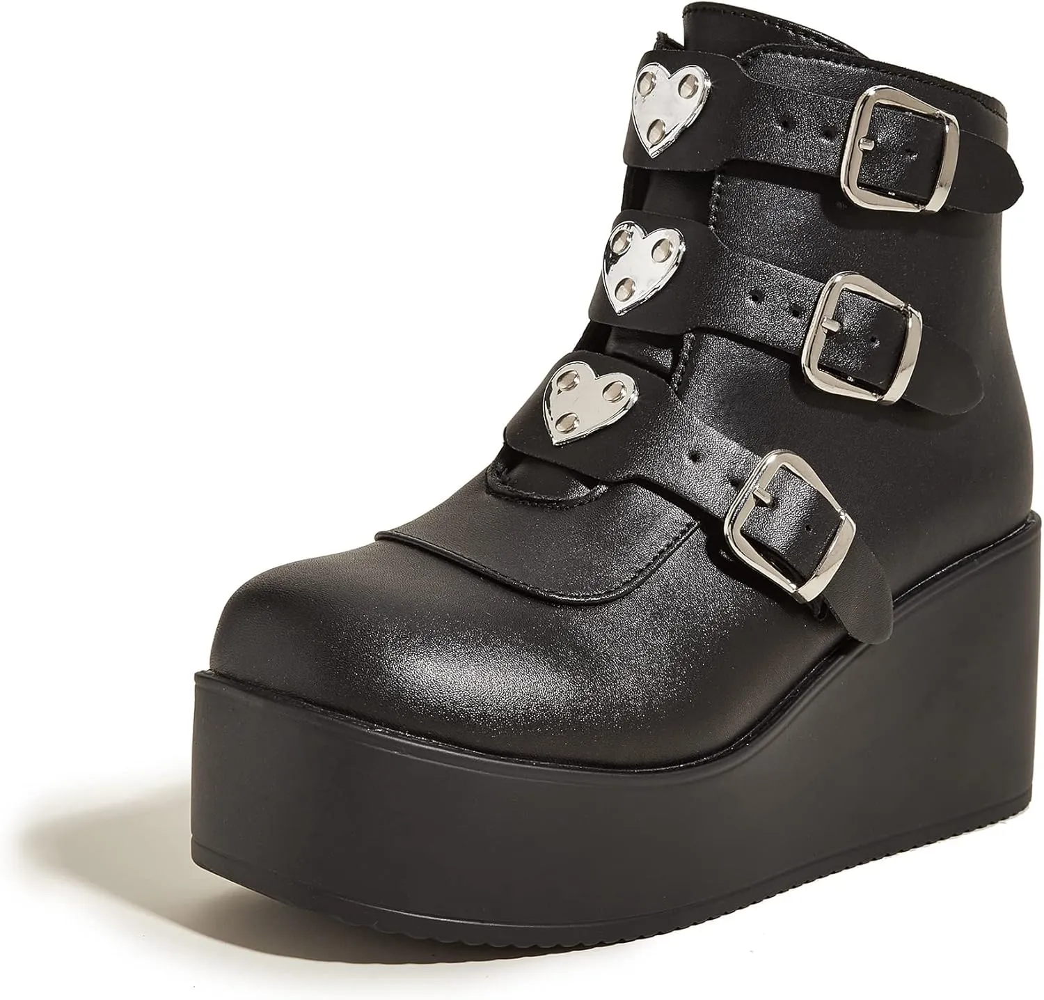 LUCKY STEP Women Platform Chunky Ankle Boots - Round Toe Zipper Wedges High Heels Rave Buckle Thick Sole Goth Booties