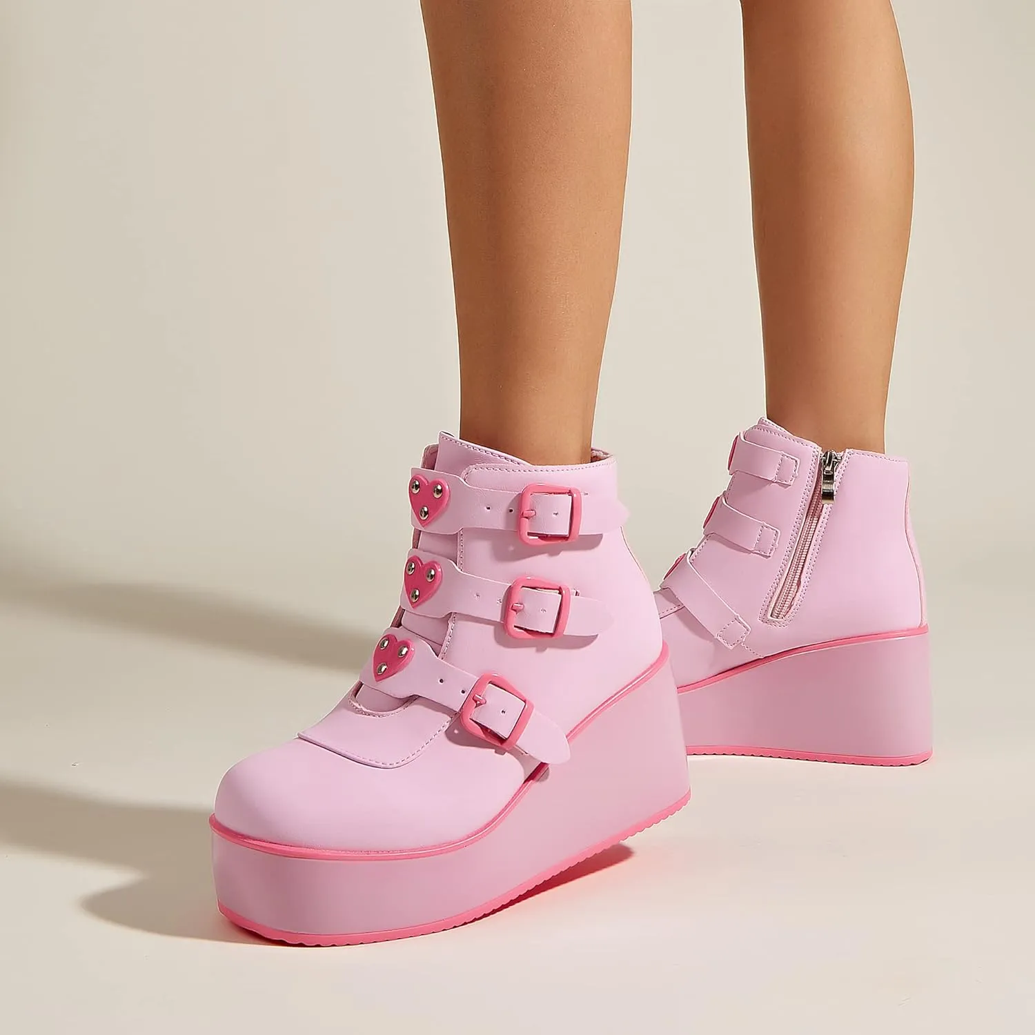 LUCKY STEP Women Platform Chunky Ankle Boots - Round Toe Zipper Wedges High Heels Rave Buckle Thick Sole Goth Booties