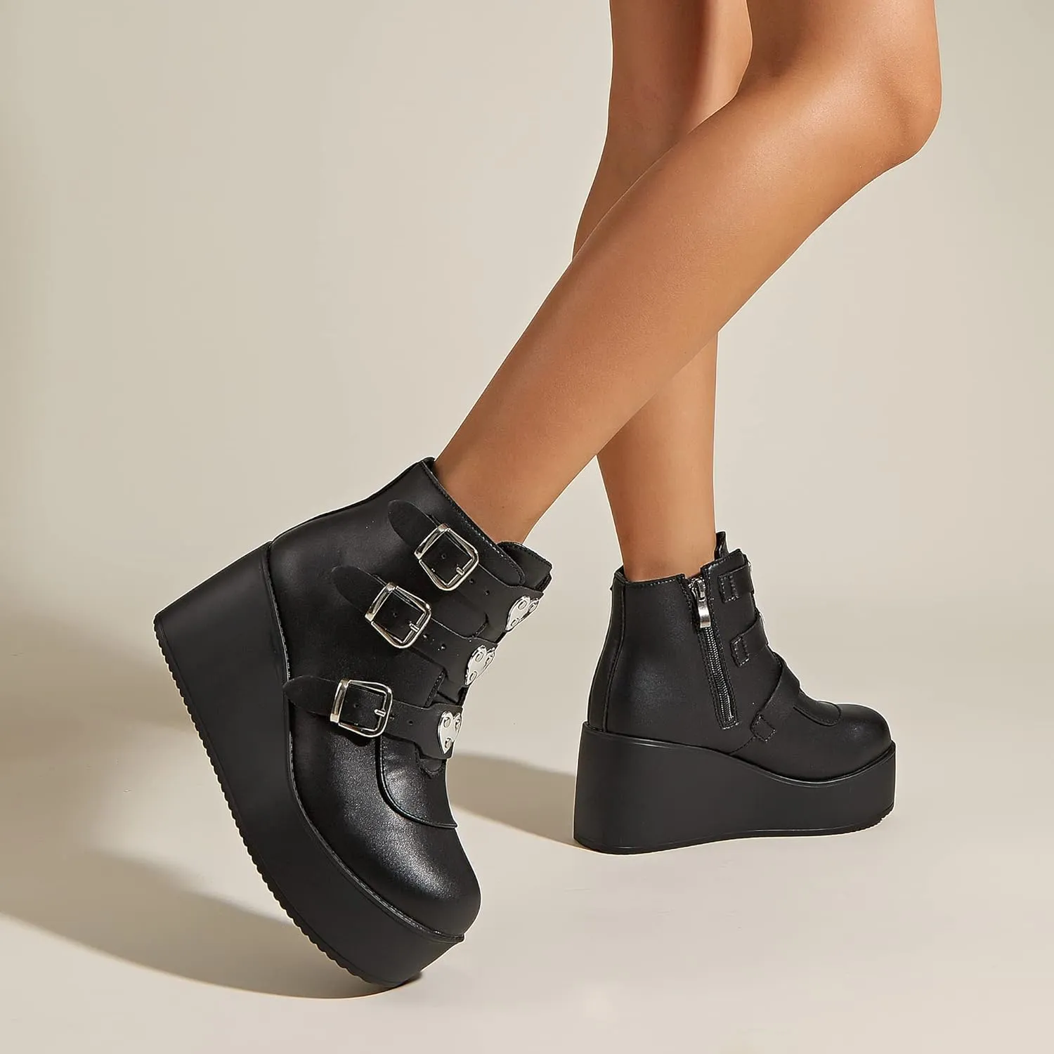 LUCKY STEP Women Platform Chunky Ankle Boots - Round Toe Zipper Wedges High Heels Rave Buckle Thick Sole Goth Booties