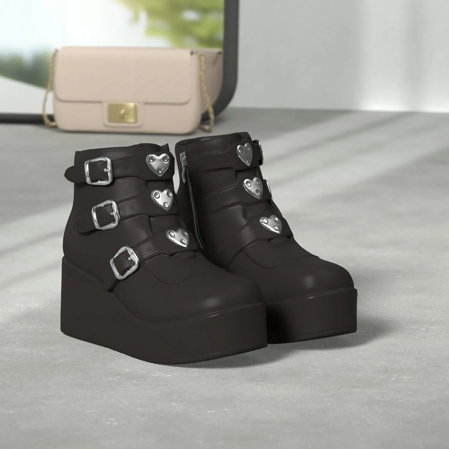 LUCKY STEP Women Platform Chunky Ankle Boots - Round Toe Zipper Wedges High Heels Rave Buckle Thick Sole Goth Booties