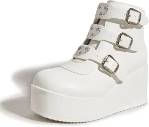 LUCKY STEP Women Platform Chunky Ankle Boots - Round Toe Zipper Wedges High Heels Rave Buckle Thick Sole Goth Booties