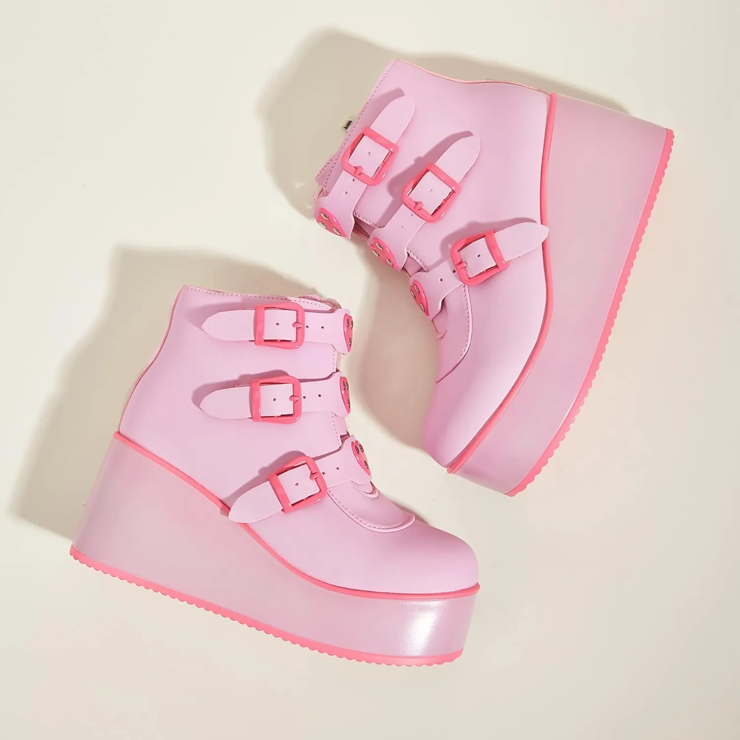 LUCKY STEP Women Platform Chunky Ankle Boots - Round Toe Zipper Wedges High Heels Rave Buckle Thick Sole Goth Booties