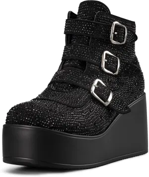 LUCKY STEP Women Platform Chunky Ankle Boots - Round Toe Zipper Wedges High Heels Rave Buckle Thick Sole Goth Booties