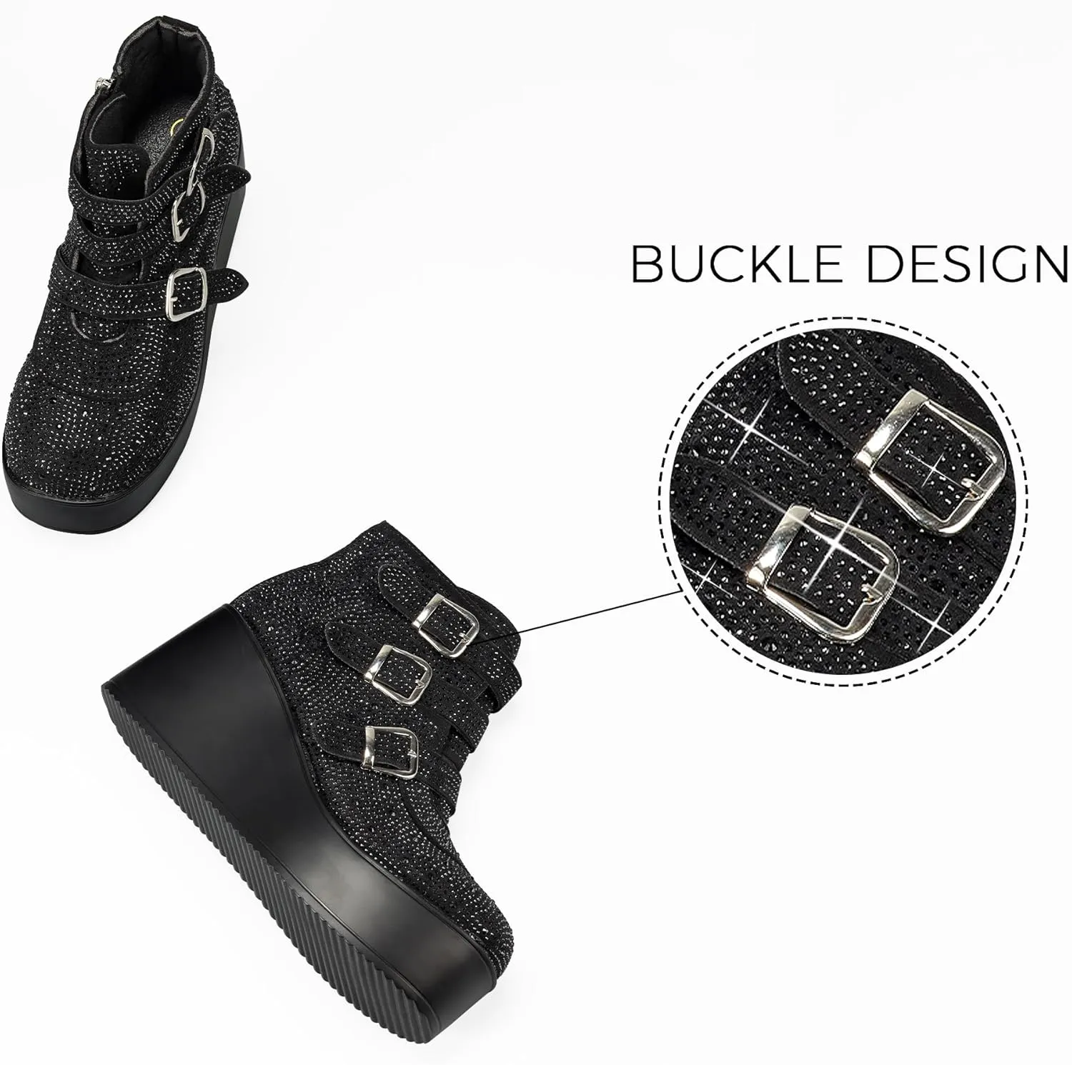 LUCKY STEP Women Platform Chunky Ankle Boots - Round Toe Zipper Wedges High Heels Rave Buckle Thick Sole Goth Booties