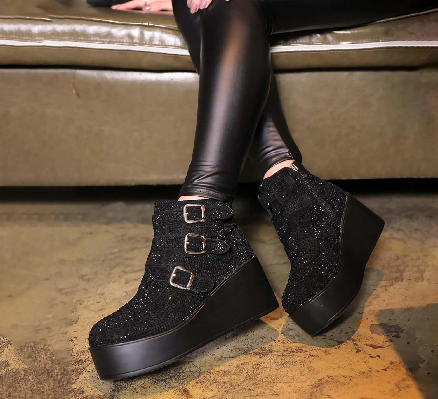 LUCKY STEP Women Platform Chunky Ankle Boots - Round Toe Zipper Wedges High Heels Rave Buckle Thick Sole Goth Booties
