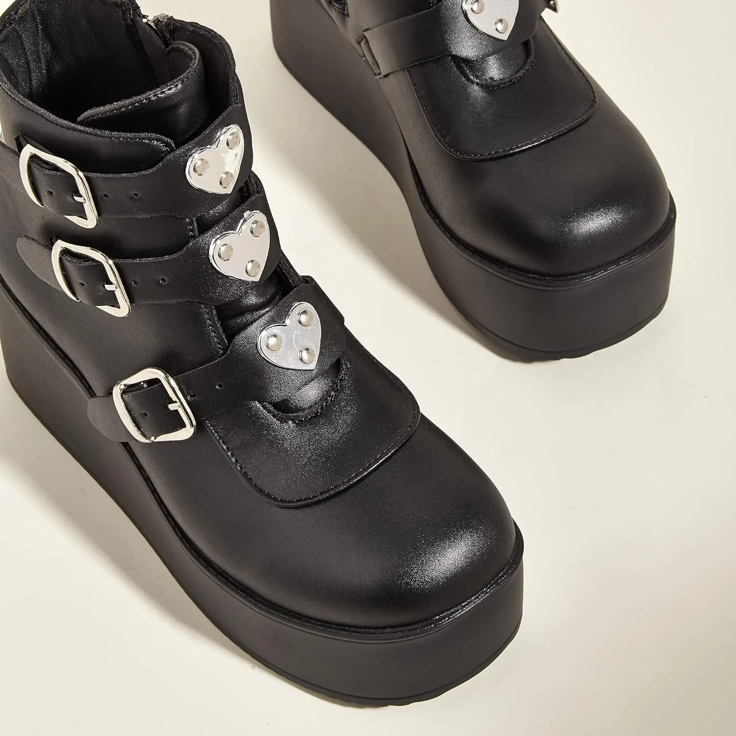 LUCKY STEP Women Platform Chunky Ankle Boots - Round Toe Zipper Wedges High Heels Rave Buckle Thick Sole Goth Booties